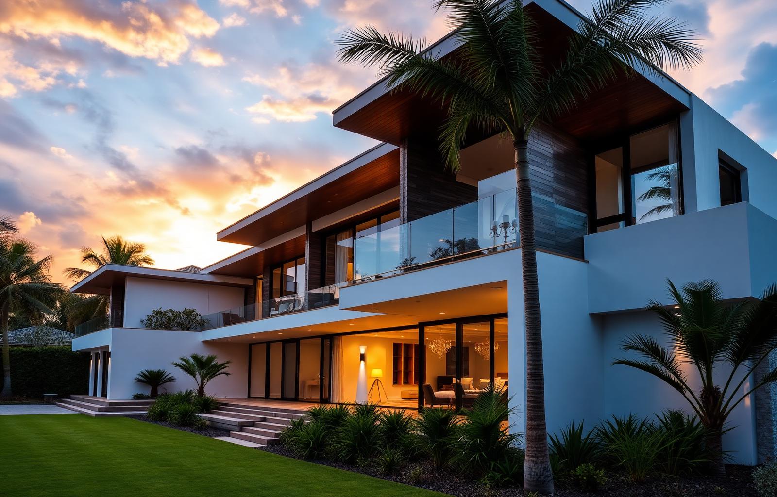 Modern villa exterior at twilight